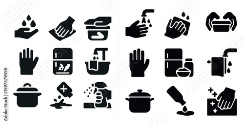Hygiene and cleaning solid icons set – filled, sanitation and handwashing symbols