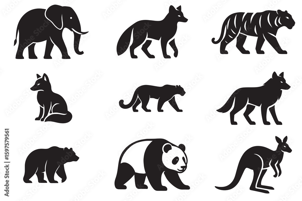 Naklejka premium Wild Animal Silhouette Icon Set, Elephant, Tiger, Wolf, Panda, Bear, Kangaroo, Fox, Cheetah Vector Collection