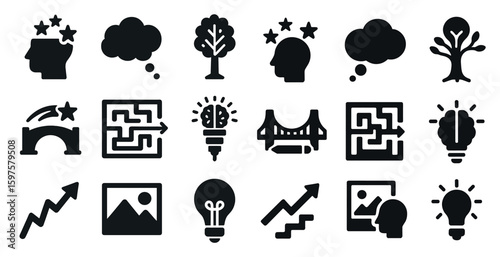 Creativity and innovation solid icons set – filled, idea, brainstorming symbols