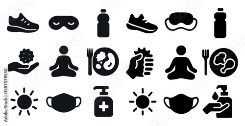 Health and wellness solid icons set – silhouette, fitness, yoga graphics