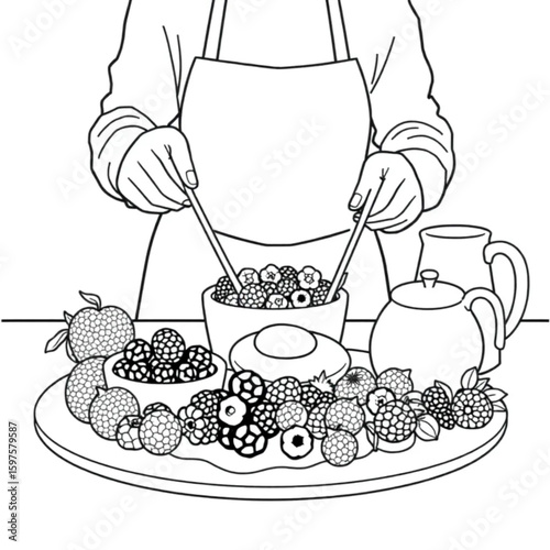 A food stylist arranging berries on a breakfast spread