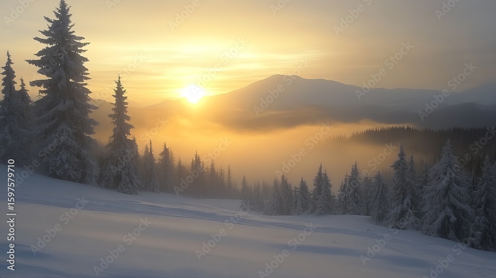 Winter sunrise over snow-covered mountain peaks Winter sunrise over snow-covered mountain peaks