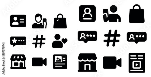 Social media and communication solid icons set – filled, messaging, networking tools