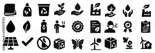 Eco and sustainability solid icons set – filled, green, eco-friendly symbols