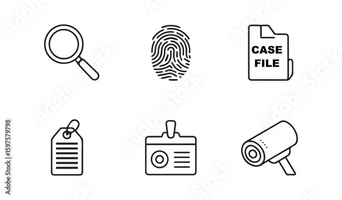 Magnifying glass fingerprint case file tag badge and security camera icons vector
