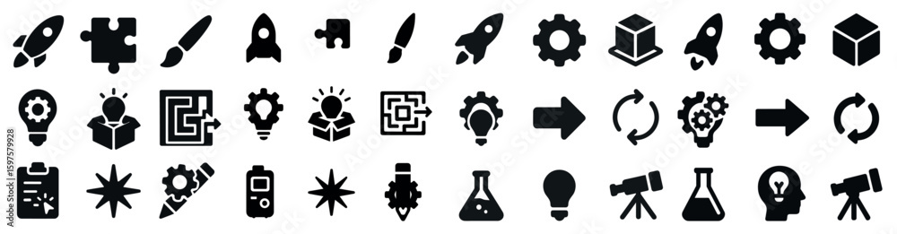 Fototapeta premium Science and technology solid icons set – education, tech, innovation symbols