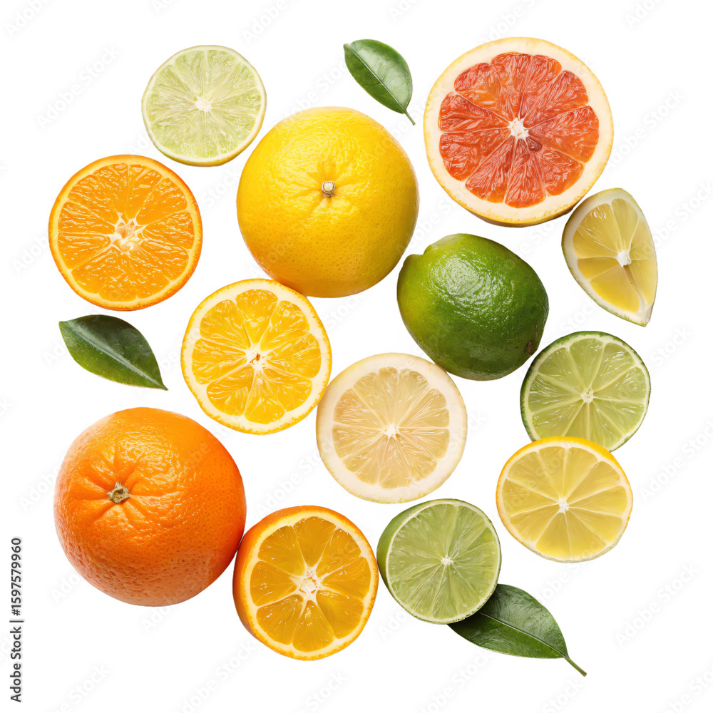 Obraz premium Citrus Fruits Oranges Lemons Limes Grapefruit Vibrant Collection Isolated On Transparent Background