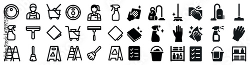 Cleaning tools silhouette icons set – solid, hygiene, housekeeping symbols