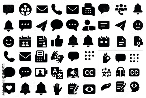 Communication and messaging solid icons set – phone, email, chat symbols