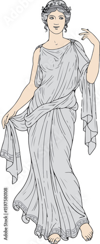 Vector art of a graceful greek goddess in flowing robes isolated on white background