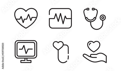 Medical heartbeat electrocardiogram icons stethoscope and heart care symbols pulse