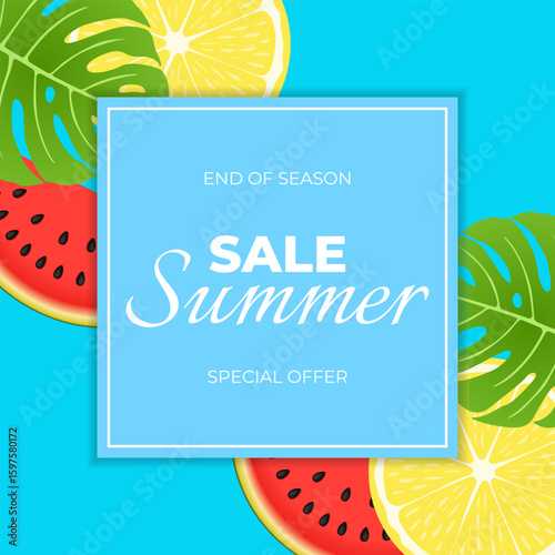 The poster of the summer sale. Cover with juicy slices of watermelon, lemon and tropical leaf. A bright banner with seasonal discounts for shops, cafes and markets.