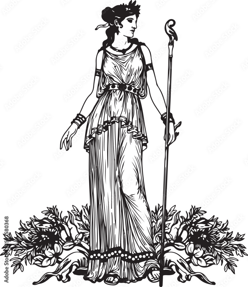 Obraz premium Vector art of a regal greek goddess with a staff and floral adornments isolated on white background