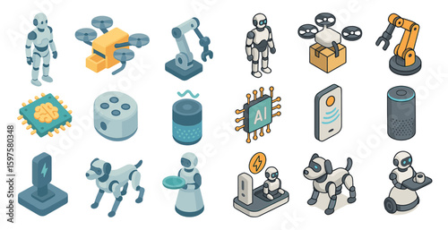 Robotics and technology isometric icons set – automation, ai, innovative symbols