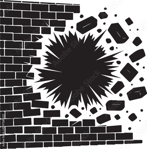 Vector art of a crumbling brick wall with an explosive impact isolated on white background