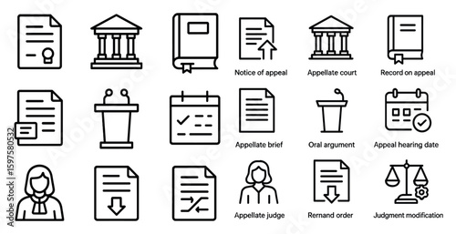 Legal and courtline icons set – outline, solid, judicial symbols collection