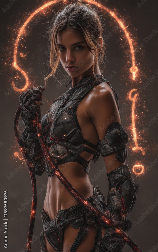Obraz premium Mysterious Fierce Female Warrior with Realistic Face and Intense Eye Contact, Athletic Feminine Body in Segmented Dark Armor with Red Scorpion Accents, Wielding Glowing Energy Whip, Scorpio Glyph and