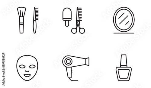 Set of beauty and hair care icons including makeup brush comb scissors mirror face mask hairdryer and nail polish