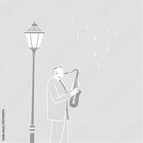 A saxophonist improvising beside a rainy street lamp