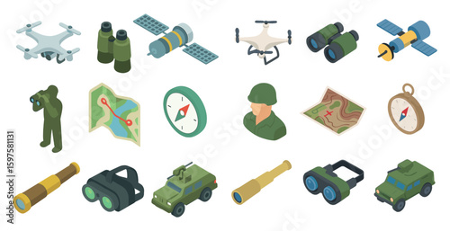 Military and exploration icons set – isometric, map, navigation symbols