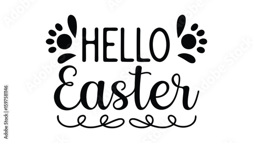 Hello easter text with decorative floral elements in black and white holiday themed design vector art