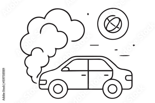 Vector illustration of a polluting car releasing CO2, rendered in black and white with thick black outlines to emphasize the impact of vehicle emissions.

