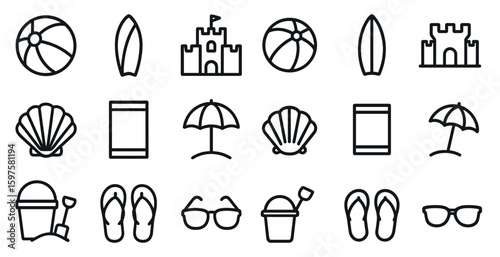 Beach vacation outline icons set – summer, travel, holiday symbols