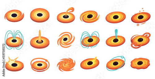 Black hole icons set – isometric, silhouette, cosmic and space design symbols