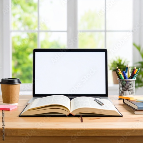 Student Study Desk with Open Textbook, Laptop, and Stationery in Natural Light