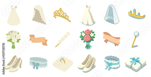 Wedding and bridal icons set – 3d, flat, celebration and marriage symbols