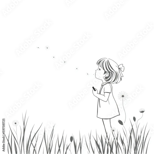 A girl blowing dandelion seeds in a country clearing