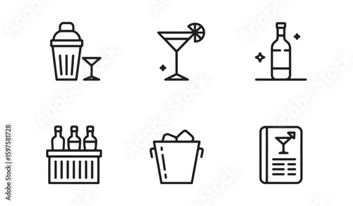 Set of six black line art icons for bar and drinks including cocktail shaker ice bucket and bottles martini glass