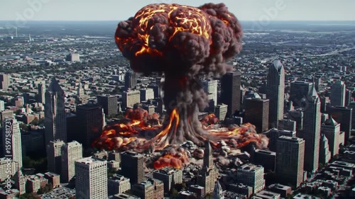 Aerial view of a nuclear bomb exploding in a city, destroying buildings.