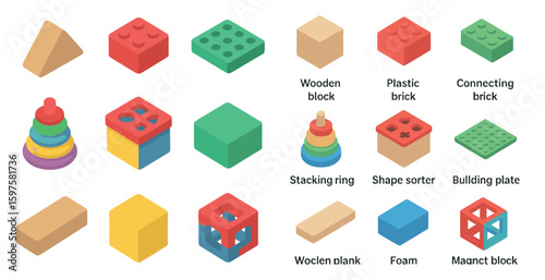 Toy and building blocks icons set – isometric, colorful, playtime construction symbols