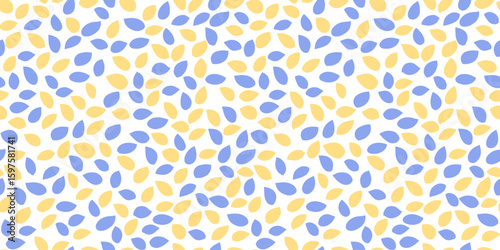 Seamless abstract pattern featuring blue and yellow teardrop shapes on a white  background. Simple bold and modern design ornament for fabrics, wallpapers, wrapping paper, and digital prints.