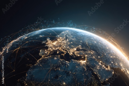 Earth globe view, city lights, global network lines for communication in space
