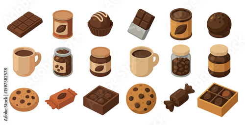 Chocolate and coffee isometric icons set – sweet, dessert, beverage symbols