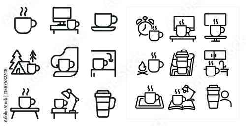 Coffee and work linear icons set – caffeine, office, productivity symbols