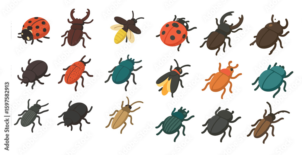 Obraz premium Insect icons set – flat, filled, bug, beetle, and nature symbols