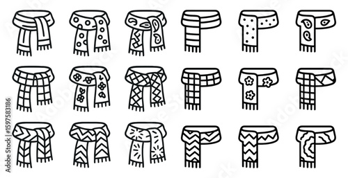 Scarf fashion outline icons set – linear, stylish, winter garment symbols