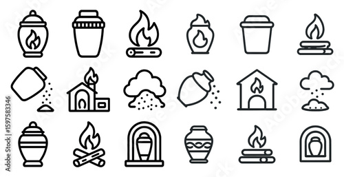 Memorial and funeral outline icons set – cremation, remembrance, ceremony symbols