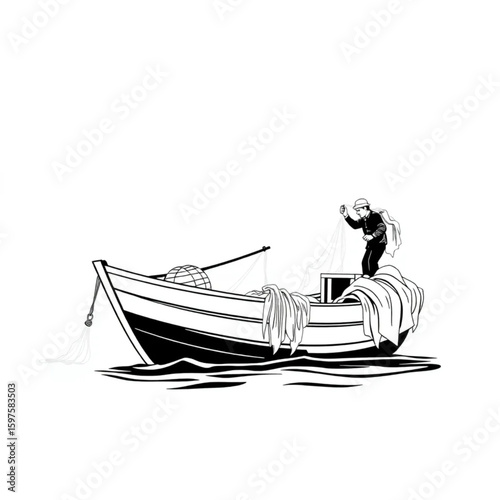A fisherman hauling nets aboard a bobbing boat