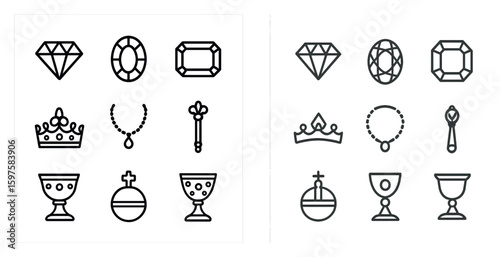 Jewelry and gemstones icon set – outline, linear, precious and luxury symbols
