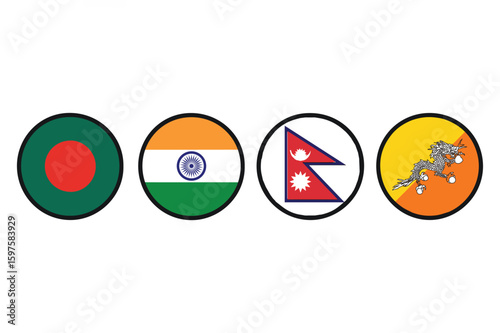 Vector art of flags of bangladesh india nepal and bhutan in circular designs isolated on white background
