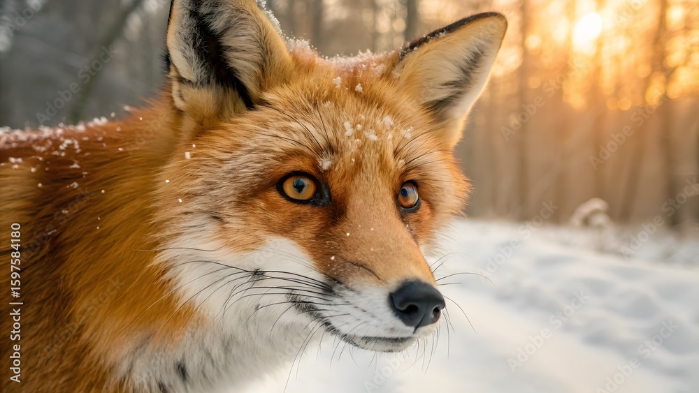 Fototapeta premium Vigilant Fox Amidst Winter's Embrace: A captivating portrait of a sly red fox, its piercing gaze focused, standing amidst the serene snowy expanse of a winter wonderland.