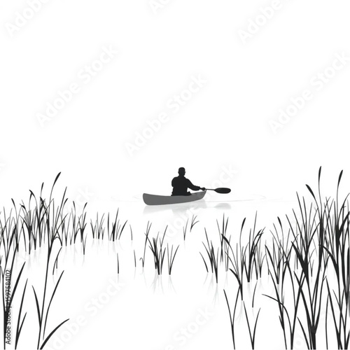 A kayaker paddling through reeds in the morning mist