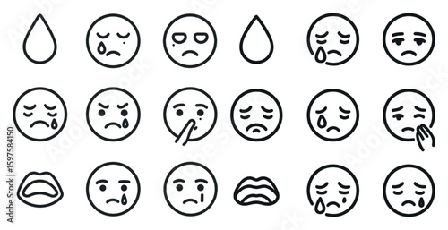 Sad face emotion outline icons set – linear, line, mood and expression symbols