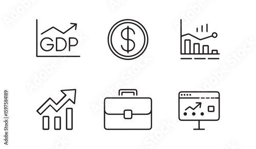 Six black line art icons depicting financial and business concepts including G D P growth charts dollar coin briefcase and computer screen analytics