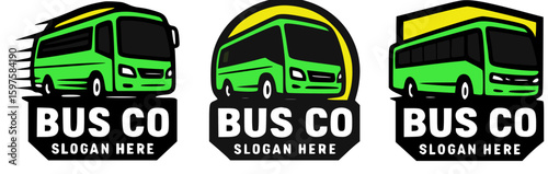 Three variations of a green bus company logo with different background shapes.