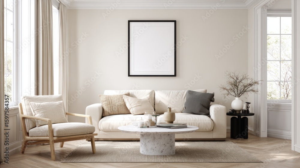 Beige living room with a framed blank canvas Beige living room with a framed blank canvas